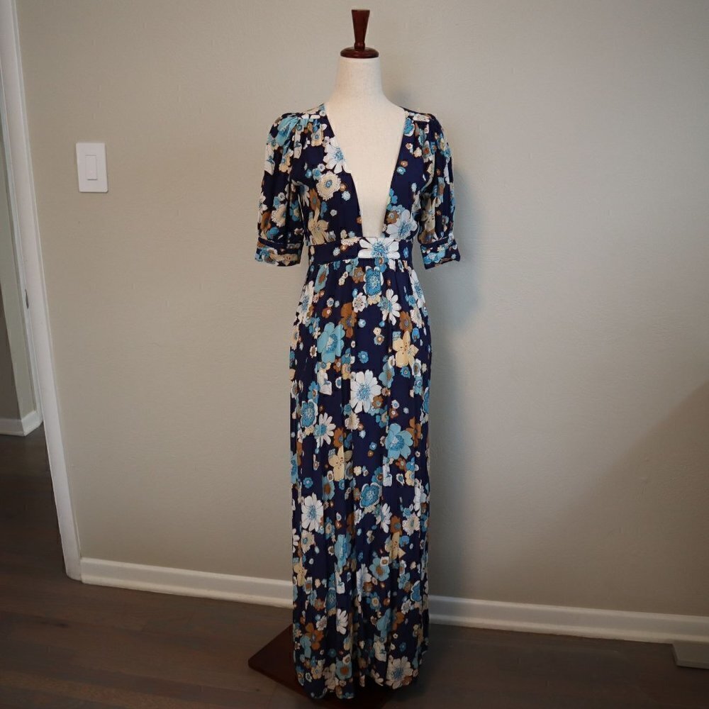 NWT For Love and Lemons Blue Floral Plunging Maxi Dress Size XS